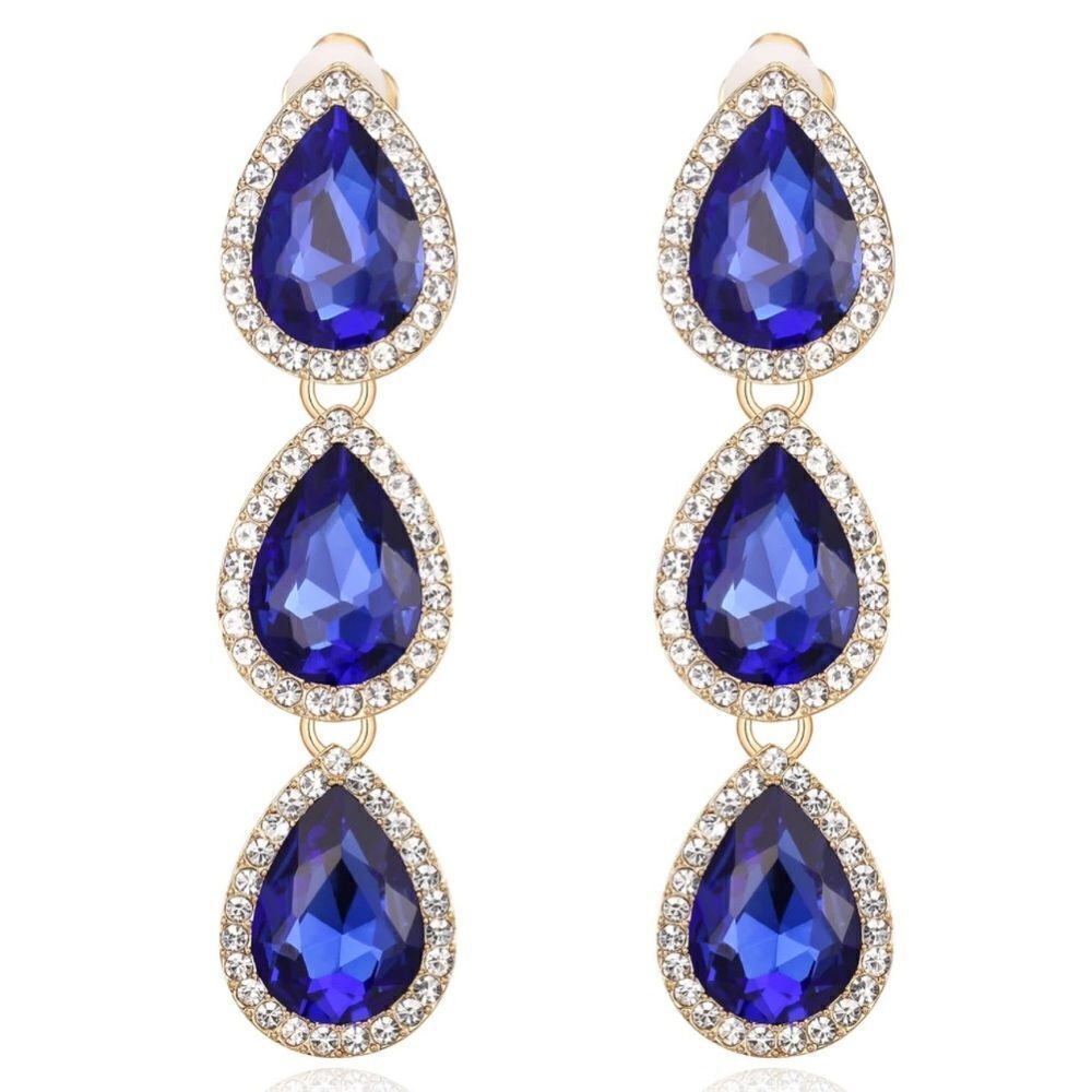 Yellow Gold with Blue Tourmaline and Diamond Austrian Crystal Clip On Earrings